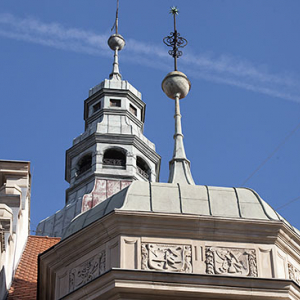 Kamienna Gora, detale architektoniczne Ratusza Miejskiego. EU, Pl, Dolnoslaskie.
